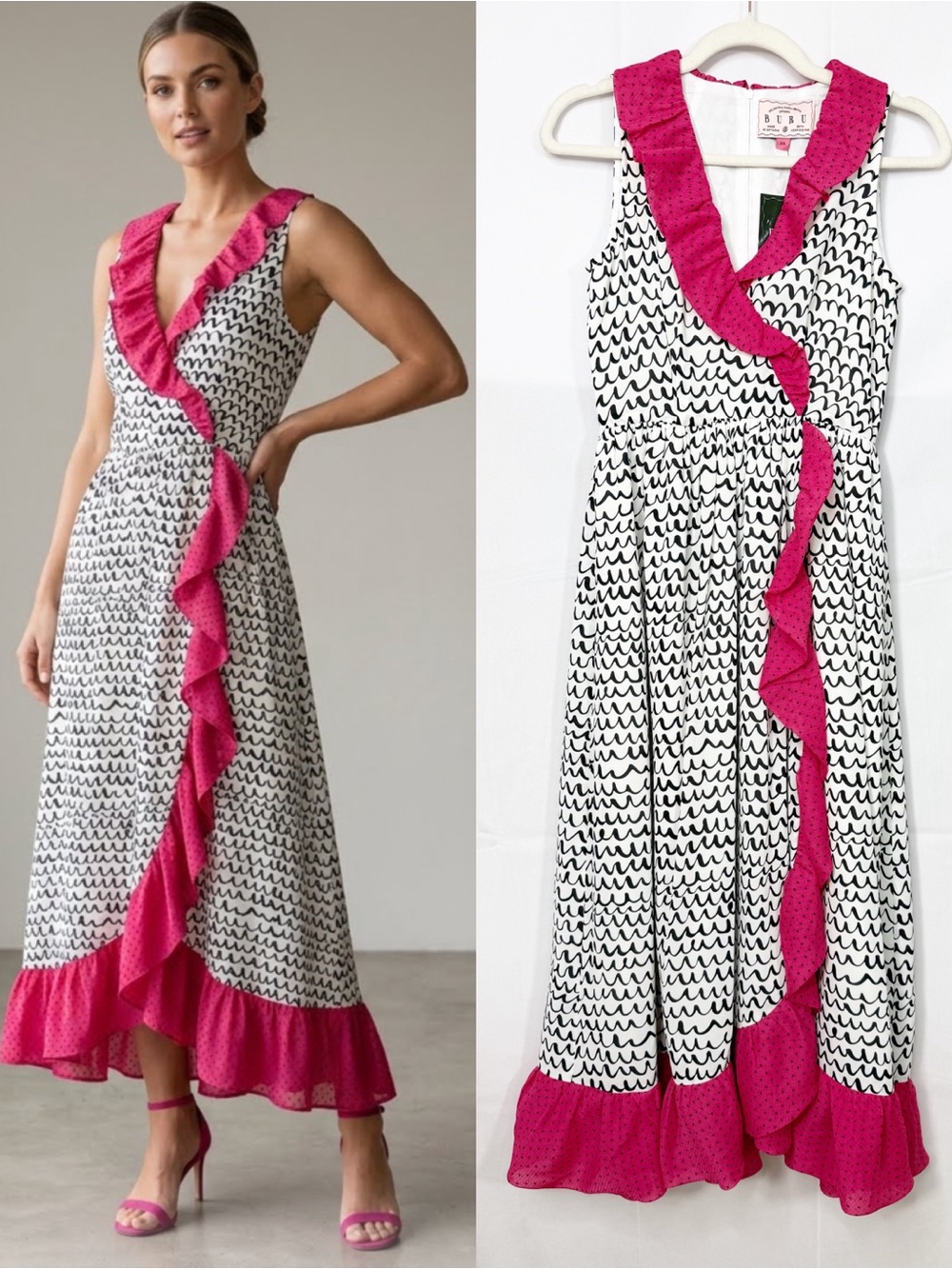 Buru Ruffle Midi Dress Doodle Scribble Print Black White Pink Polka Dot